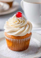 Muffin, cupcake - pastry dessert with butter cream and with a cherry on top, on a served table in a cafe.
