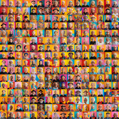 Fototapeta na wymiar composite portrait of senior persons of different cultures headshots, including all ethnic, racial, and geographic types of old people in the world on a colorful background