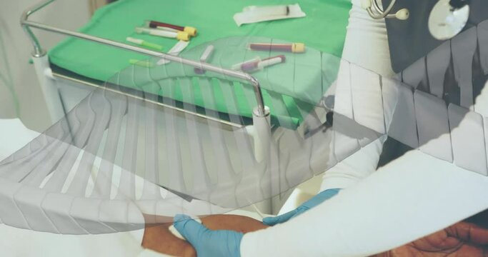 Animation of dna strand over blood samples on table and doctor in hospital