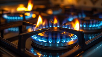 capturing the aftermath of extinguished gas flames on a kitchen stove, set against a dark background