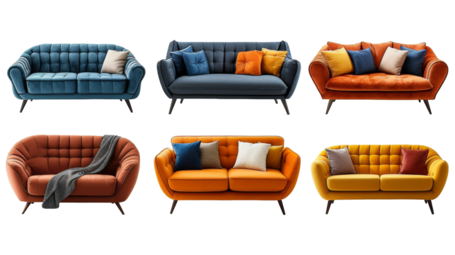 Set with different comfortable sofas isolated transparent background. PNG Format.