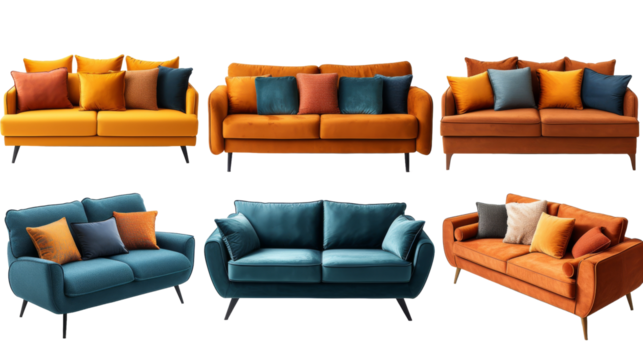 Set with different comfortable sofas isolated transparent background. PNG Format.