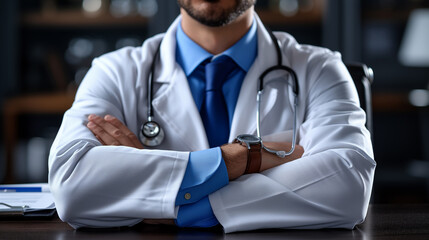 Medical Support. Cropped image of male doctor with stethoscope posing with folded arms - Powered by Adobe