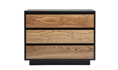 A modern chest of drawers with natural finish oak wood.