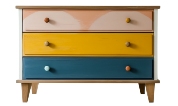 A Scandinavian-inspired chest of drawers with clean lines, colourful drawer finish.