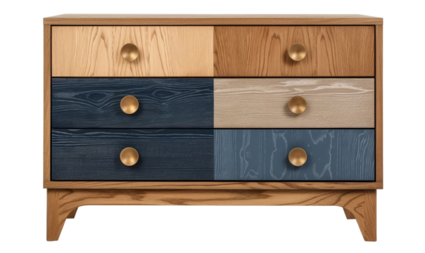  A modern, eclectic chest of drawers with a curved design and bright, bold colours, offering both style and function.