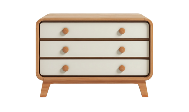  A modern, eclectic chest of drawers with a curved design and bright, bold colours, offering both style and function.