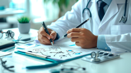 Unrecognizable female doctor typing on laptop, sitting at desk. Concept of medicine, workplace