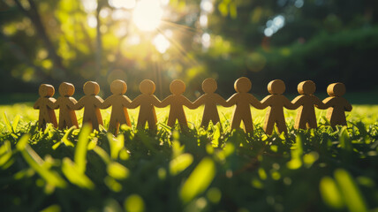 Wooden figures in the shape of people form a single chain.