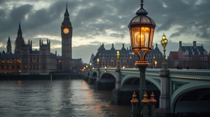 iconic lamp post on Westminster Bridge, set against the captivating backdrop of London - obrazy, fototapety, plakaty