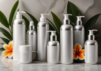 A group of white bottles standing next to each other. Wellness spa retreat show case, bundle for skin or hair care with blank labels. Exotic plants