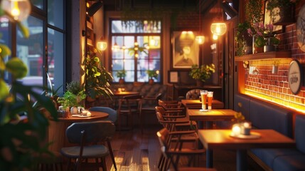 inviting café interior bathed in mood lighting, creating a cozy and intimate atmosphere