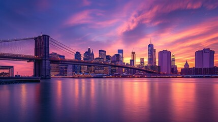 A breathtaking sunset over Manhattan, casting a warm glow across the iconic Manhattan and Brooklyn Bridges