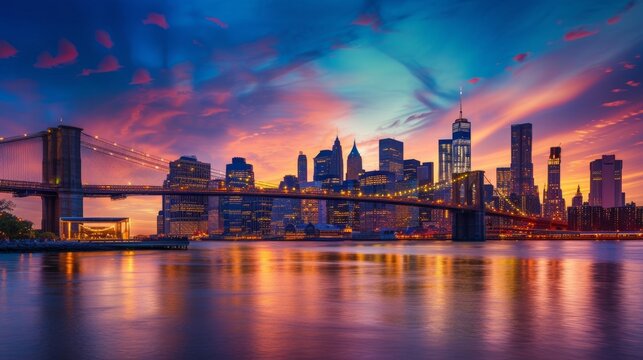 A breathtaking sunset over Manhattan, casting a warm glow across the iconic Manhattan and Brooklyn Bridges