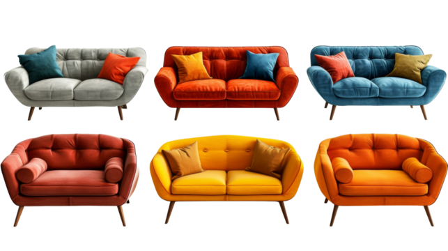 Set with different comfortable sofas isolated transparent background. PNG Format.