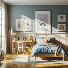 Interior Kids Children's Girls Boys Bedroom with a Small Bed and Morning Light Coming Through a Large Window and a Large Empty Poster Mockup Frame on the Wall. Teddy Bear, Plants. Stylish Scandinavian