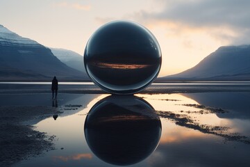 Abstract image of a sphere of a black glossy monolith and a person nearby in a valley between two mountains under a sunset sky