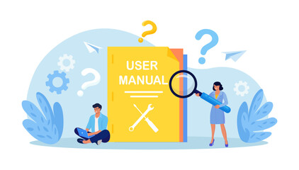 Guide instructions or handbooks. People reading user manual, guidebook or guidance. User manual book. Characters working together with useful information. FAQ.
