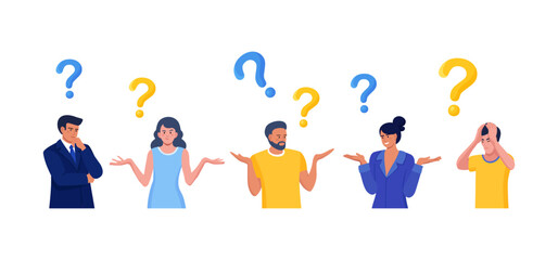 Fototapeta premium People thinking or solving problem. Frequently asked questions. Characters doubts and questioning everything with question mark. Searching solution