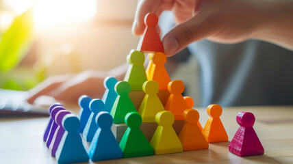 Hierarchy in society. Construction of a pyramid from multi-colored figures of people