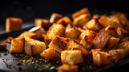 Close up of crispy croutons