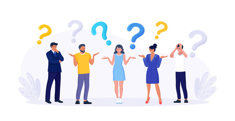 People thinking or solving problem. Frequently asked questions. Characters doubts and questioning everything with question mark. Searching solution