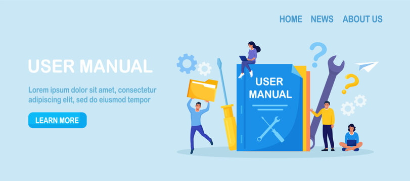 Guide instructions or handbooks. People reading user manual, guidebook or guidance. User manual book. Characters working together with useful information. FAQ