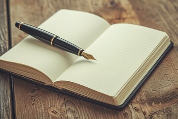 An open diary with a fountain pen on a wooden desk