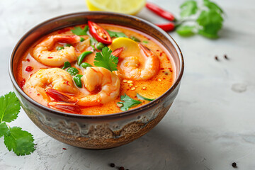 Traditional Tom Yum soup with shrimp, lemon, and chili. Thai cuisine close-up with copy space. Asian spicy seafood concept for design and print