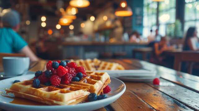 Belgian Waffles With Fruits On A Table In A Coffee Shop