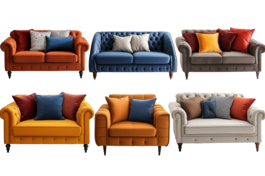 Set with different comfortable sofas isolated transparent background. PNG Format.
