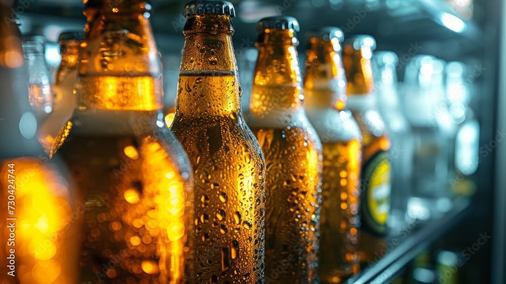 Wall mural bottles of beer on a shelf in the refrigerator