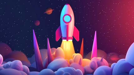 Naklejka premium An imaginative cartoon illustration depicting a startup concept, featuring a vibrant spaceship launch, symbolizing innovation, ambition