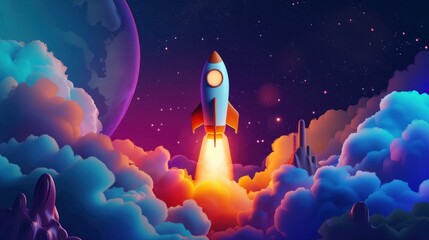 An imaginative cartoon illustration depicting a startup concept, featuring a vibrant spaceship launch, symbolizing innovation, ambition