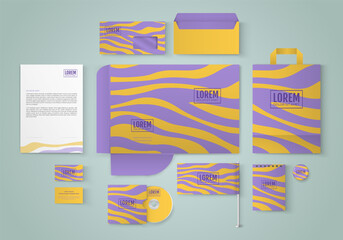 Purple stationery template design with abstract pattern. Set of business corporate identity mock up. Documentation for business.
