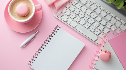 An elegantly styled pink office desk, complete with a blank notebook, keyboard, a delicate macaroon, office supplies, and a coffee cup