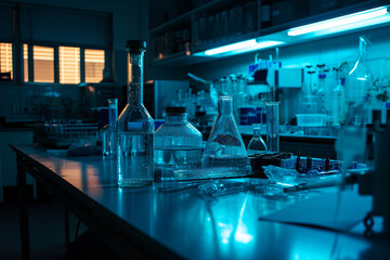 Chemical Scientific Laboratory with Glass Jars, Instruments, Flasks as a Background for Chemistry, Physics, Biology, Nanotechnology