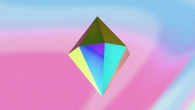 Animation of rotating 3d metallic diamond shape over blurred pastel background