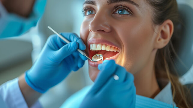 Dentist examining teeth, woman's happy smile, electric blue gesture.
