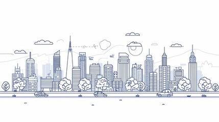 wide horizontal panorama illustration in a thin line style, depicting an urban landscape with streets bustling with cars