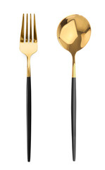 Golden fork and spoon isolated on white, top view