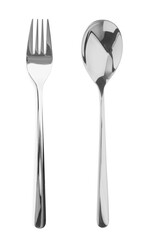 Silver fork and spoon isolated on white, top view
