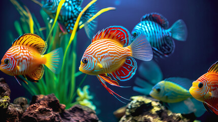 Fototapeta na wymiar Tropical colorful fish in an aquarium with seaweed.