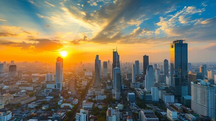 A stunning wallpaper featuring Bangkok's skyline, with towering skyscrapers set against a breathtaking autumn sunset