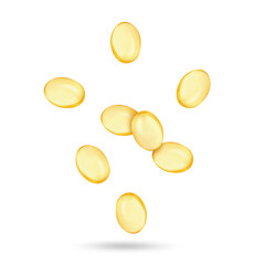 Vitamin. Softgel capsules falling on white background