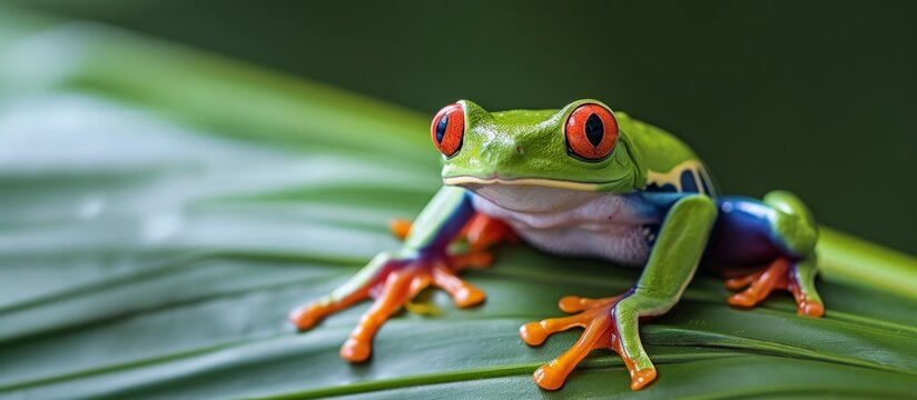 Red Eyed Amazon Tree Frog photographed on a palm leaf.