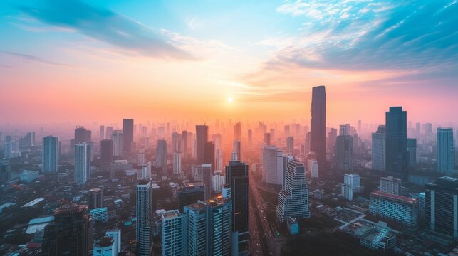 A stunning wallpaper featuring Bangkok's skyline, with towering skyscrapers set against a breathtaking autumn sunset