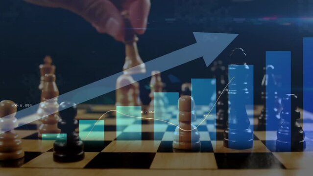 Animation of upward arrow and graph processing data over hand moving chess piece on board