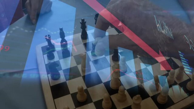 Animation of downward arrow, graph and processing data over hand moving chess piece on board