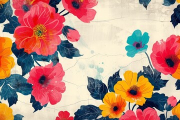 colorful seamless pattern with flowers and leaves. Copy space, Generative AI